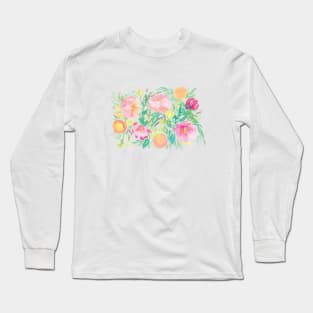 Watercolor Pink Florals with Peaches Long Sleeve T-Shirt